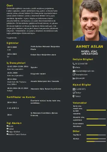 Vinç Operatörü Cv Örnekleri cv indir